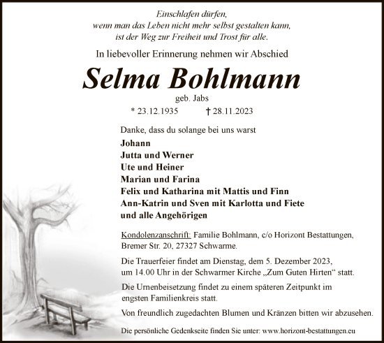 Traueranzeige von Selma Bohlmann von SYK