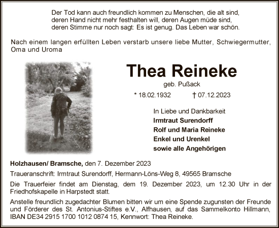 Traueranzeige von Thea Reineke von SYK