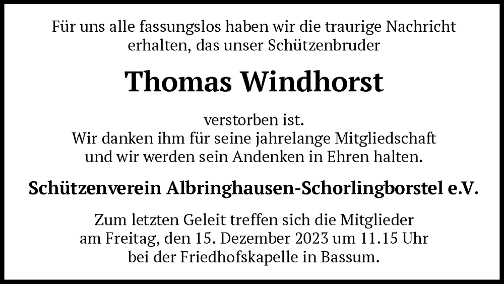  Traueranzeige für Thomas Windhorst vom 12.12.2023 aus SYK