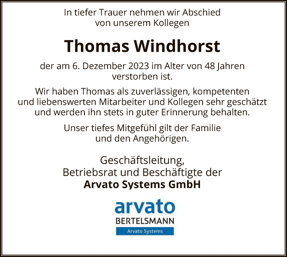  Traueranzeige für Thomas Windhorst vom 16.12.2023 aus SYK