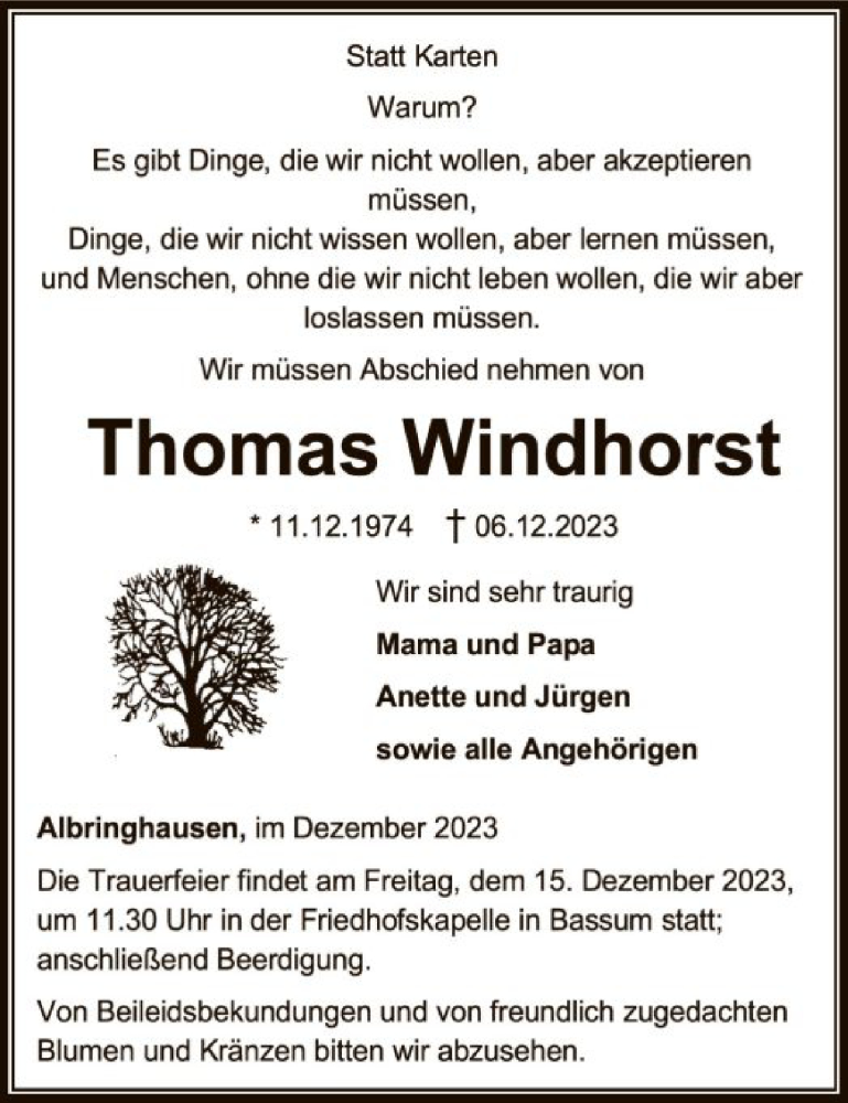  Traueranzeige für Thomas Windhorst vom 09.12.2023 aus SYK