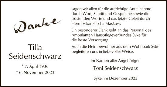 Traueranzeige von Tilla Seidenschwarz von SYK