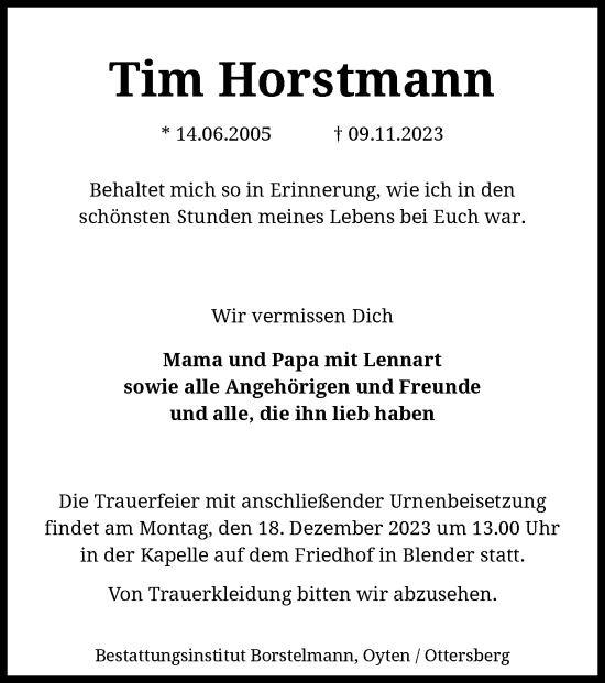 Traueranzeige von Tim Horstmann von SYK