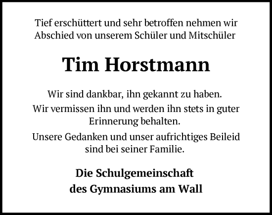 Traueranzeige von Tim Horstmann von SYK