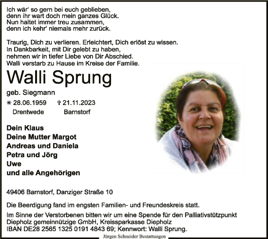 Traueranzeige von Walli Sprung von SYK