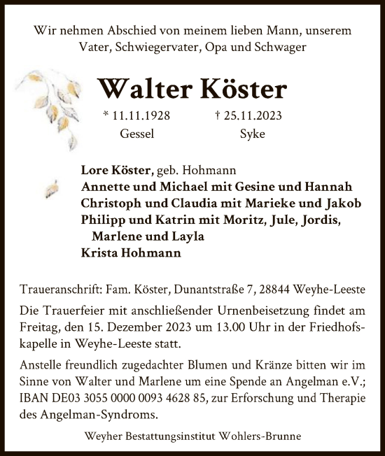 Traueranzeige von Walter Köster von SYK