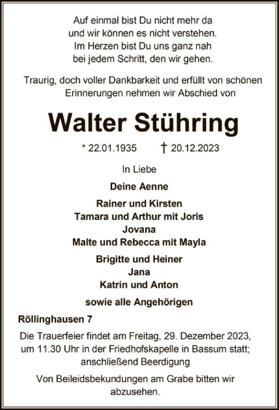 Traueranzeige von Walter Stühring von SYK