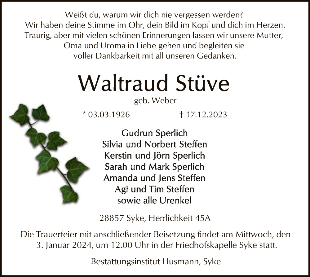  Traueranzeige für Waltraud Stüve vom 27.12.2023 aus SYK