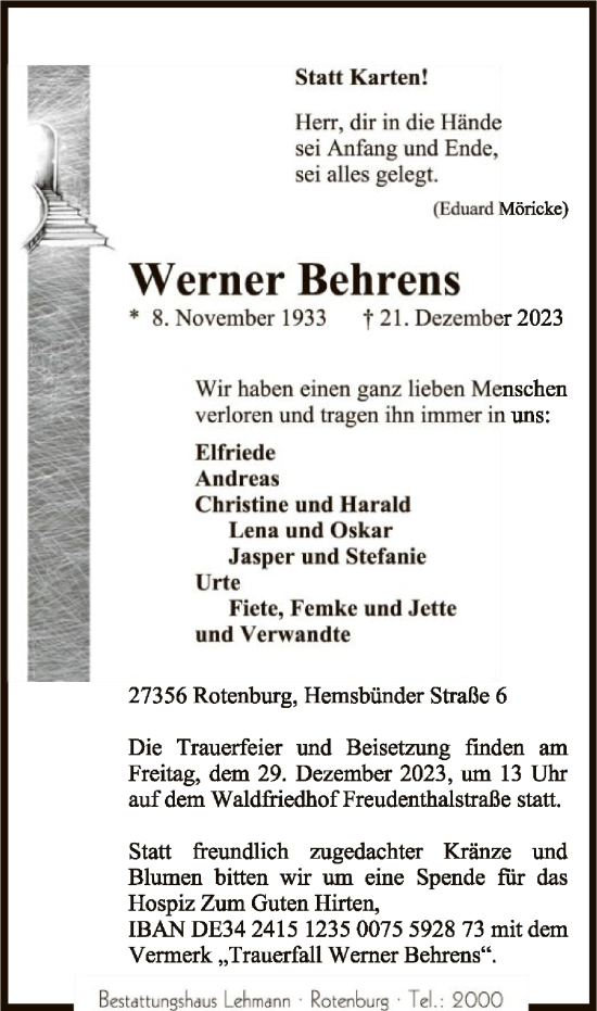 Traueranzeige von Werner Behrens von SYK
