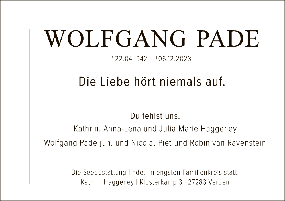  Traueranzeige für Wolfgang Pade vom 16.12.2023 aus SYK