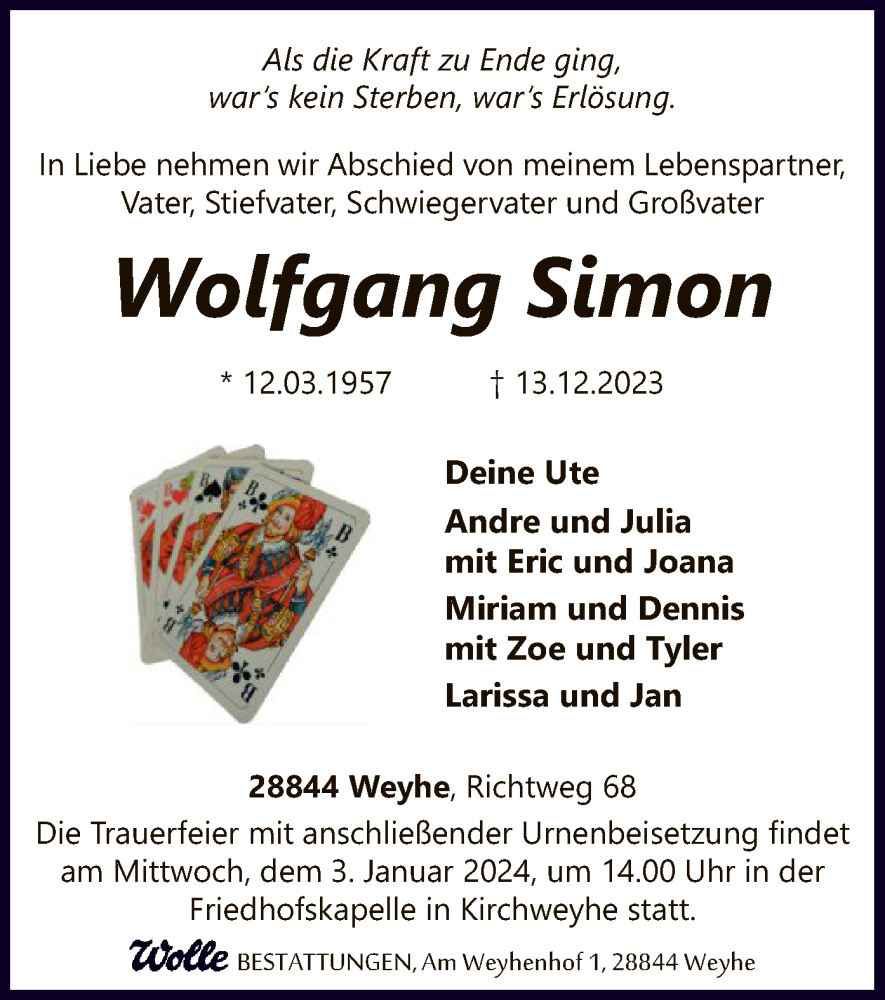  Traueranzeige für Wolfgang Simon vom 20.12.2023 aus SYK