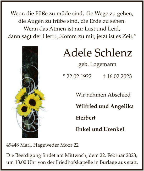 Traueranzeige von Adele Schlenz von SYK