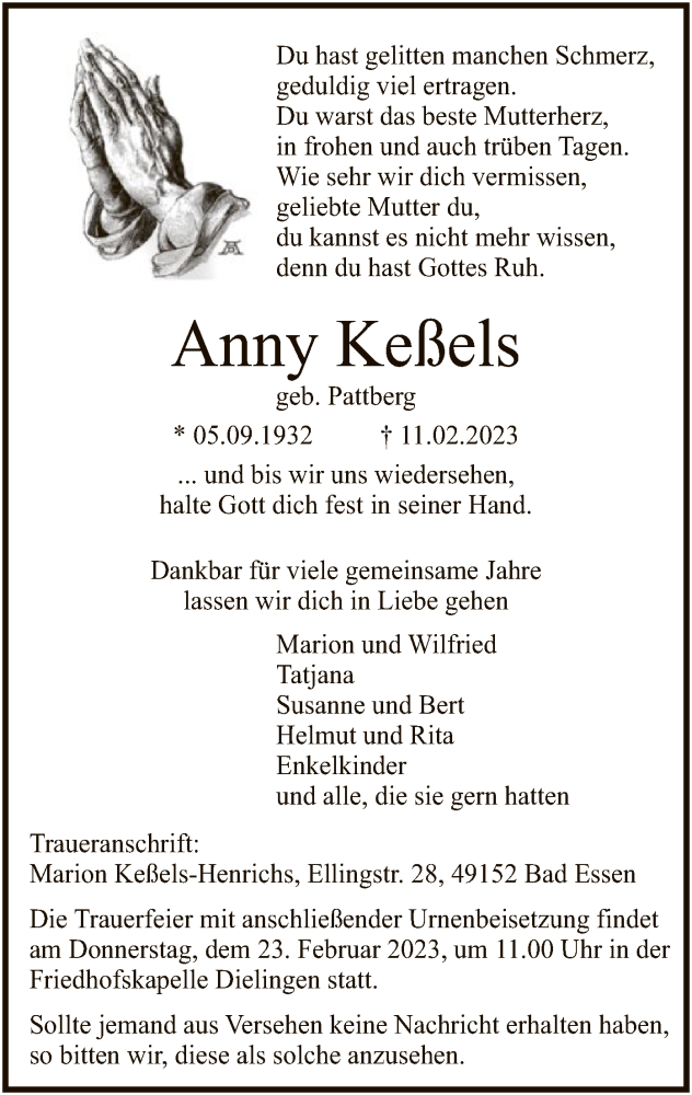  Traueranzeige für Anny Keßels vom 18.02.2023 aus SYK