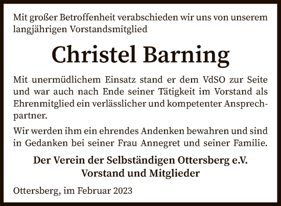 Traueranzeige von Christel Barning von SYK