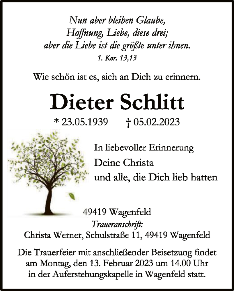  Traueranzeige für Dieter Schlitt vom 08.02.2023 aus SYK
