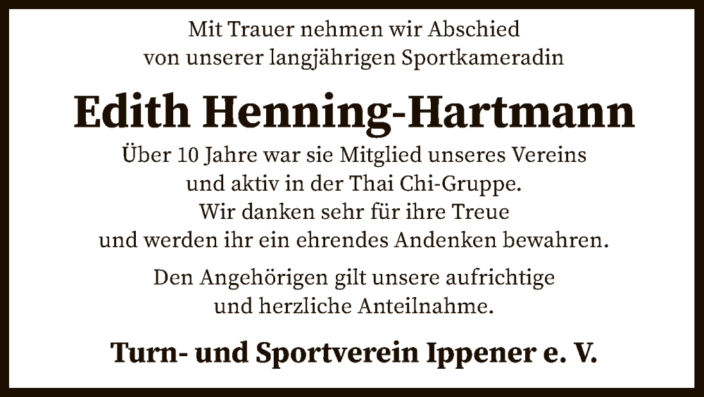  Traueranzeige für Edith Henning-Hartmann vom 03.02.2023 aus SYK