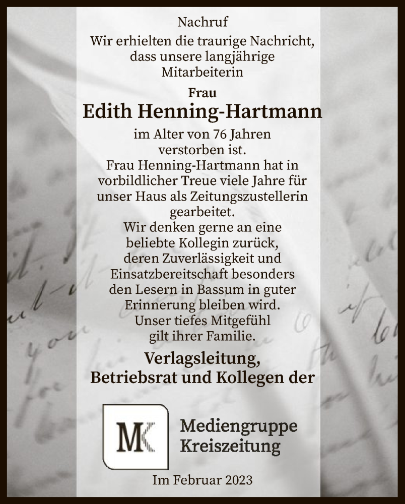  Traueranzeige für Edith Henning-Hartmann vom 11.02.2023 aus SYK