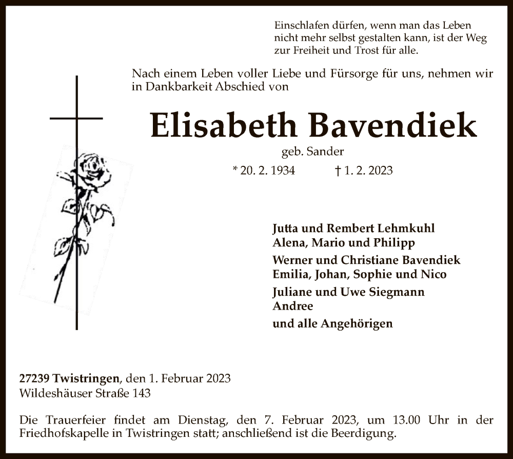  Traueranzeige für Elisabeth Bavendiek vom 03.02.2023 aus SYK