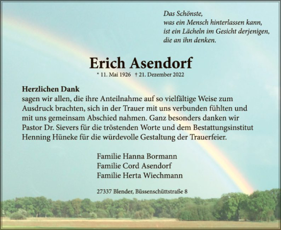 Traueranzeige von Erich Asendorf von SYK