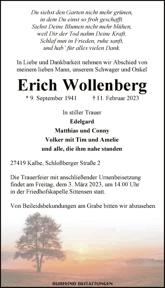 Traueranzeigen Von Erich Wollenberg | Trauer.kreiszeitung.de