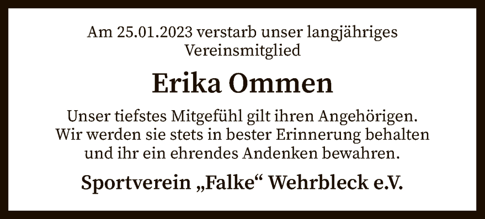  Traueranzeige für Erika Ommen vom 02.02.2023 aus SYK