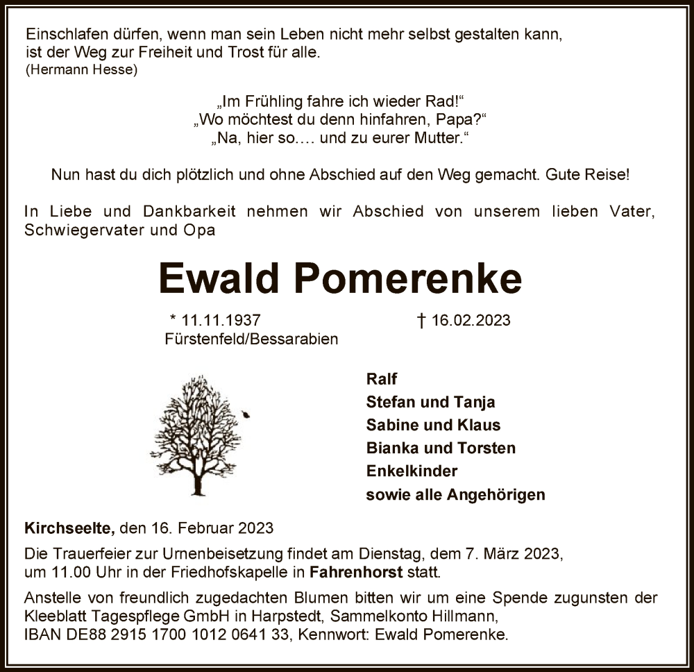  Traueranzeige für Ewald Pomerenke vom 25.02.2023 aus SYK