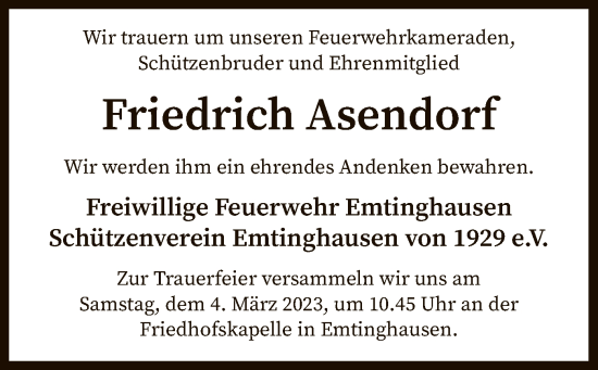 Traueranzeige von Friedrich Asendorf von SYK