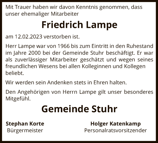 Traueranzeige von Friedrich Lampe von SYK