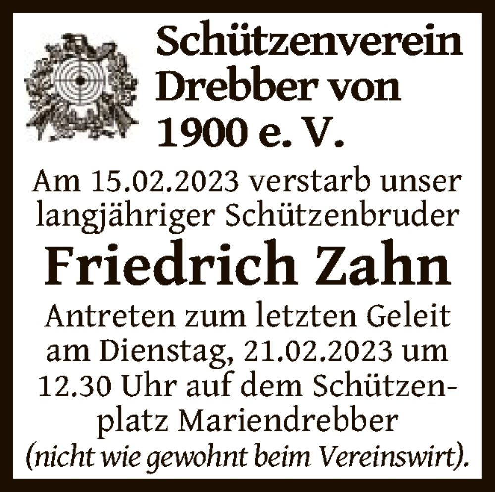  Traueranzeige für Friedrich Zahn vom 18.02.2023 aus SYK