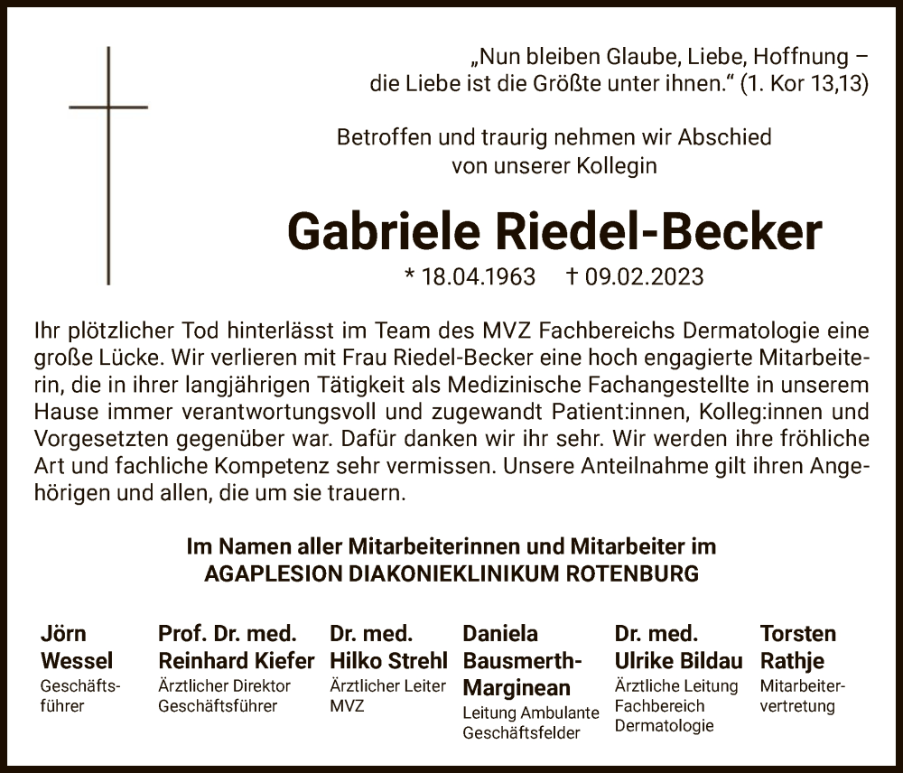  Traueranzeige für Gabriele Riedel-Becker vom 18.02.2023 aus SYK