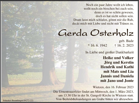 Traueranzeige von Gerda Osterholz von SYK