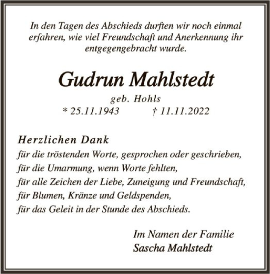 Traueranzeige von Gudrun Mahlstedt von SYK