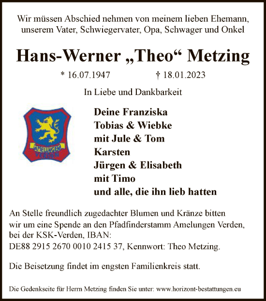 Traueranzeige von Hans-Werner Theo Metzing von SYK