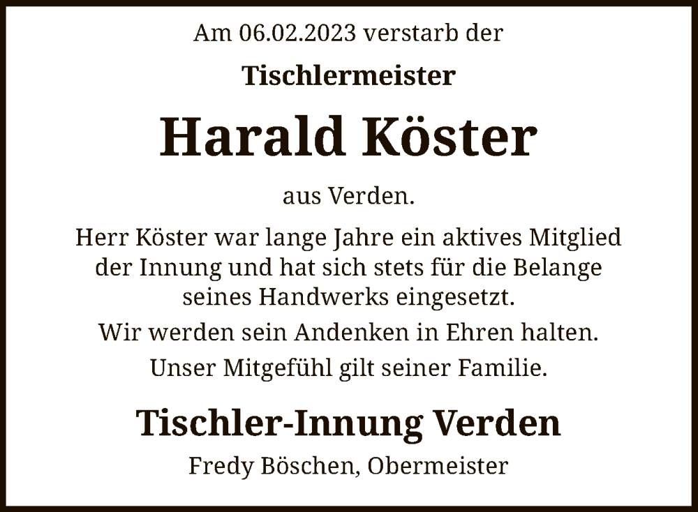  Traueranzeige für Harald Köster vom 14.02.2023 aus SYK