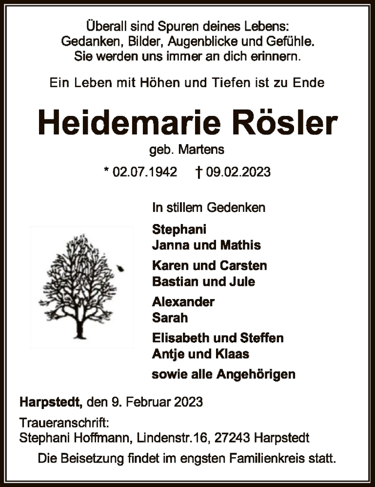  Traueranzeige für Heidemarie Rösler vom 18.02.2023 aus SYK