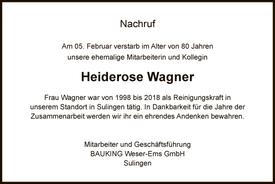 Traueranzeige von Heiderose Wagner von SYK