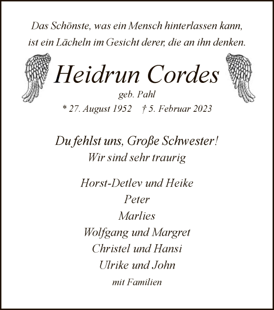 Traueranzeige von Heidrun Cordes von SYK