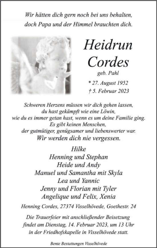 Traueranzeige von Heidrun Cordes von SYK