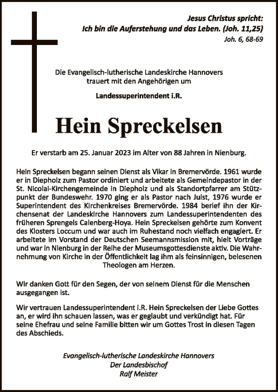 Traueranzeige von Hein Spreckelsen von SYK