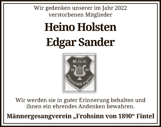 Traueranzeige von Heino Holsten von SYK