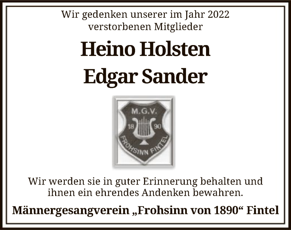  Traueranzeige für Heino Holsten vom 18.02.2023 aus SYK