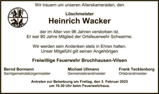 Traueranzeige von Heinrich Wacker von SYK