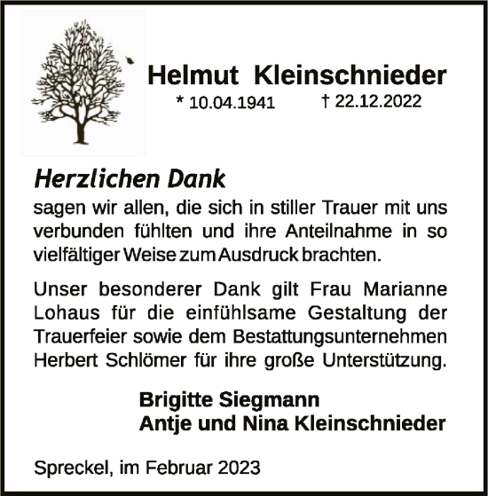 Traueranzeige von Helmut Kleinschnieder von SYK