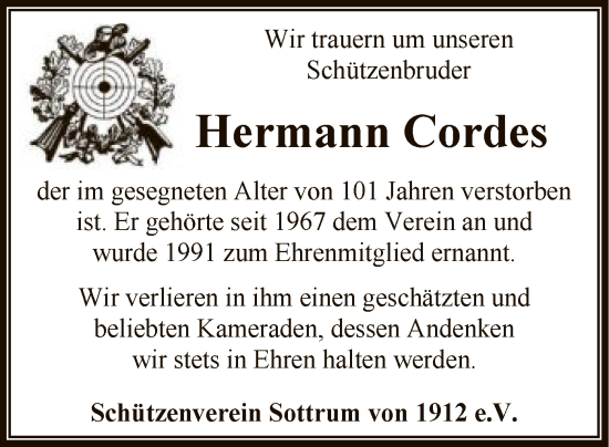 Traueranzeige von Hermann Cordes von SYK