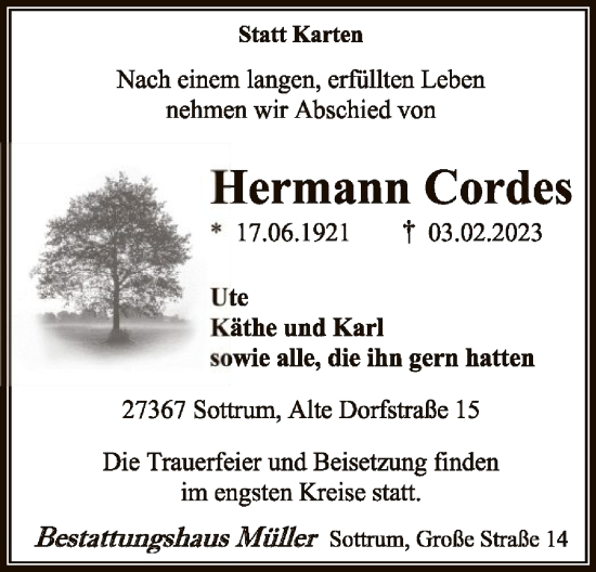 Traueranzeige von Hermann Cordes von SYK