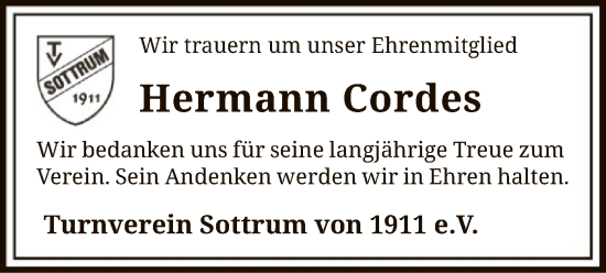 Traueranzeige von Hermann Cordes von SYK