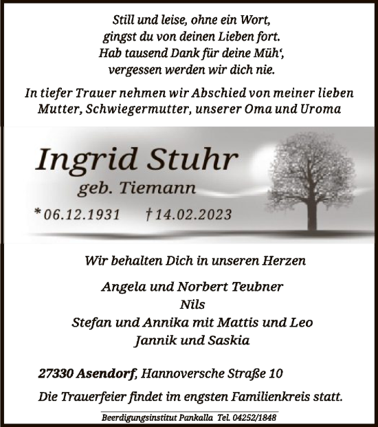 Traueranzeige von Ingrid Stuhr von SYK