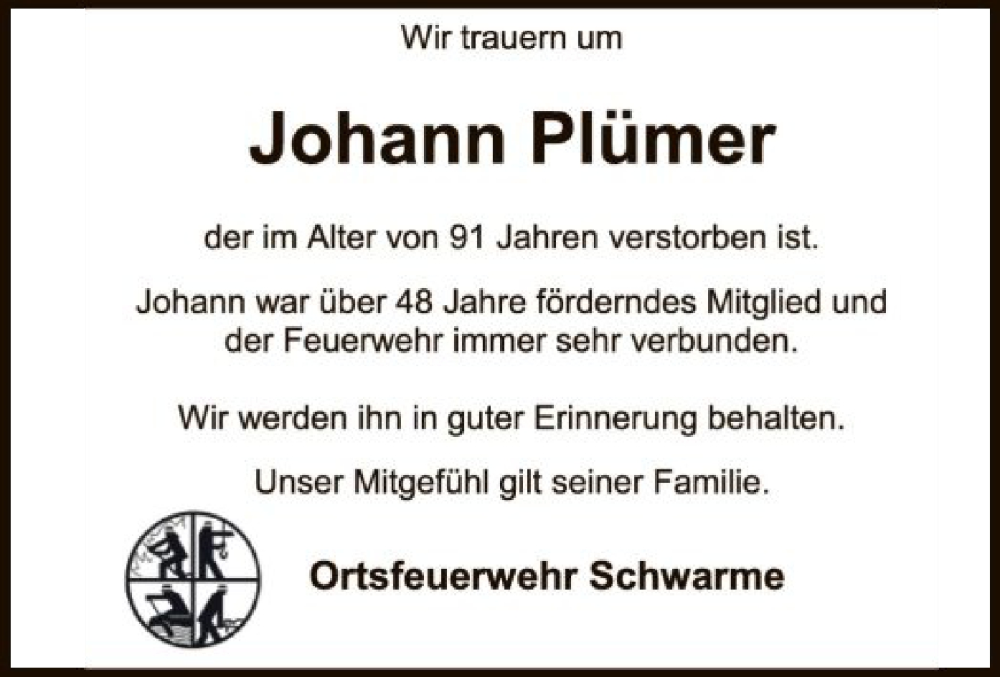  Traueranzeige für Johann Plümer vom 11.02.2023 aus SYK