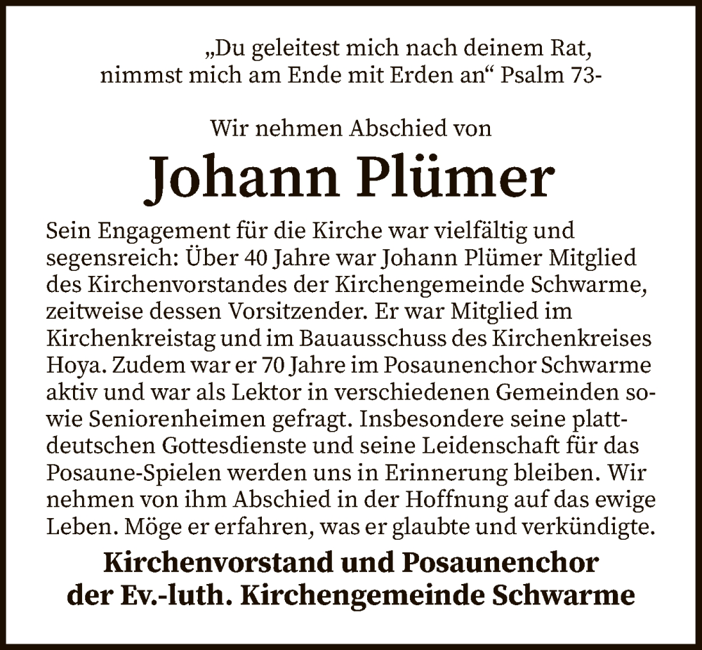  Traueranzeige für Johann Plümer vom 14.02.2023 aus SYK