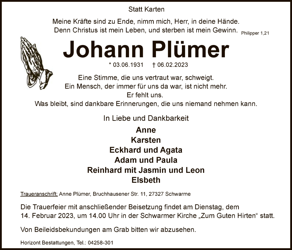  Traueranzeige für Johann Plümer vom 10.02.2023 aus SYK